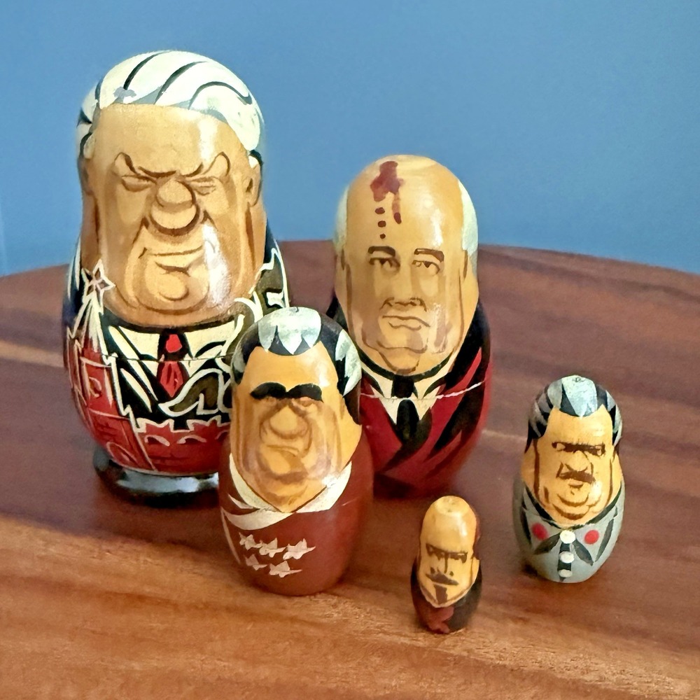 Russian Political Leaders Matryoshka Nesting Dolls 5 Pc Hand Painted Wood 4.25"